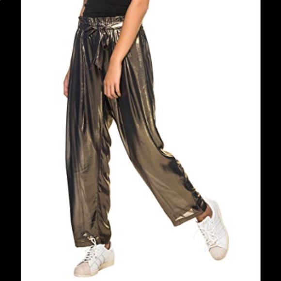 Free People GOLD Pleated Pants Boho Glam Pajama - Picture 2 of 6